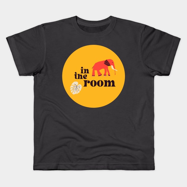 Elephant in the room: Retro font and art in bright red and yellow (with bonus monstera leaf) Kids T-Shirt by PlanetSnark